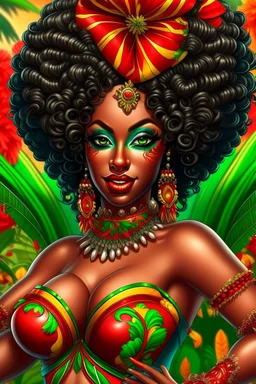 Create a digital airbrush cartoon of a curvy African American female wearing carnival outfit that's red, black and green. Prominent make up with hazel eyes. Highly detailed very long extremely curly black hair. Her skin is smooth and silky. Background of a judge full of colorful flowers