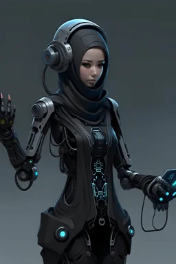 a cyber punk hyper hot female hijaber indonesia robot, headphone, hand robot, full body Raw, weapon, 8k, Soldier loreng indonesia, modern, high tech