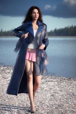 half body shot,realistic portrait of a 20-25 old caucasian model, long blue pink flowing hair, great grey eyes, blue leather jacket,full body, short white skirt,long legs,standing at beach of very nive lake with sunset ,clouds,godrayes