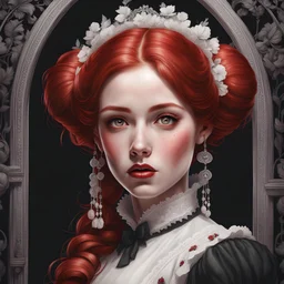 Insanely detailed closeup vintage black-white-and-red portrait of a pale skinned 25yo redhead russian woman with eye shaddow and long eye lashes and a pony tail in alluting bloomers and stockings in a lush victorian bedroom by CGSociety, awwchang, James Christensen, Pixar, character design, digital illustration, detailed background, Norman Rockwell, Carne Griffiths, Gil Elvgren, Leonardo DaVinci, 8k resolution, Pixar, Lou Xaz, cinema 4d