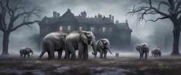 Hyper Realistic zombie elephants on the field behind a huge dark mansion with dry old tree at a foggy snowfall night