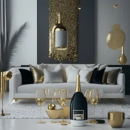 A picture of a modern living room with gold party decoration and champagne bottles and glasses