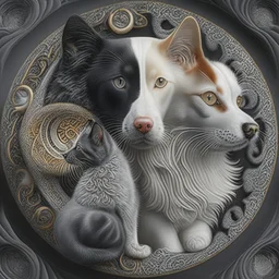 Cat and dog, yin-Yang, hyper detailed, realism, realism vibe, fractals, intricated details, hyper defined, photorealisticù