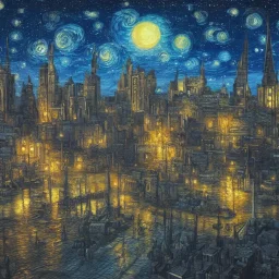 painting of a city in a fantasy starry night photorealistic