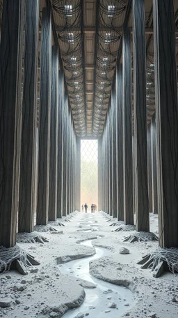 Photograph, a mass of wires, giant museum space, building, pillars, high walls, schermi di computer, high towers in a room, rag, powder, brook, sediments, deflagration of the background, geological formation, light, architecture, minimalist, details of the terrain very accentuated, 8k, deep 3d field, sharp, brutalist, hasselblad h6d400c --ar 85:128 --v 6.0