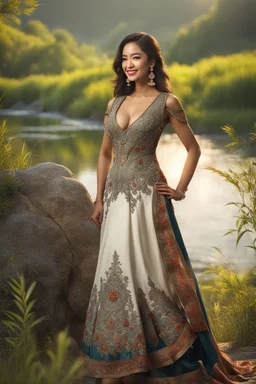 ((full shot body)) photo of the most beautiful artwork in the world featuring model, smiling, , High Detail, Sharp focus, dramatic, photorealistic, ultra sharp, ultra hd, hyper realistic, ultra realistic, ((((dress)))), trending on artstation, sharp focus, studio photo, intricate details, highly detailed, standing in nice pose in country side with river ,water fall ,rocky vally