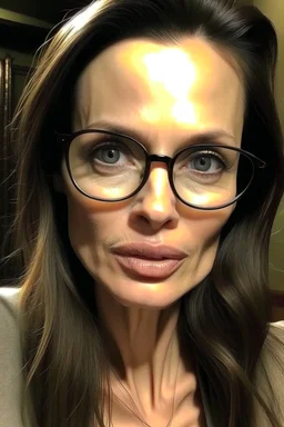 angelina Jolie con muchos granos de acné y lentes