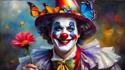 Create picture UHD (8k) oil painting on canvas amusing circus clown with a smile , masculine, clown, holding a flower with a butterfly in front of the camera facial hair, witch hat, portrait, ((in style Pino Daeni,)) broken glass effect, no background, stunning, mythical being, energy, molecular, textures, iridescent and luminescent scales, breathtaking beauty, pure perfection, divine presence, unforgettable, impressive, volumetric light, auras, rays, bright color highlights, golden ratio