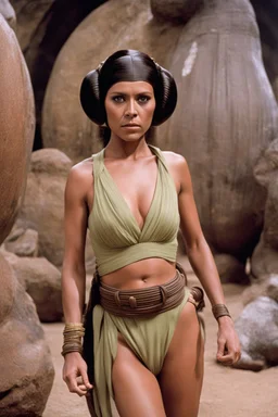 Karaba in princess Leia's slave costume of the Return of the Jedi, close to Jabba the Hutt.