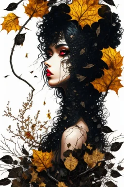 abstract creation of a beautiful girl with black curly hair, surrounded by black roses, thick metal chain broken, glass petals on the ground, autumn colours,dried out thorn bush, chaos,