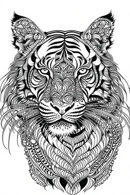 tiger face tattoo, coloring page, clean line art, adults drawing book, Black and white only, crisp black lines, sharp lines, coloring page for adults, black and white picture, lots of details,