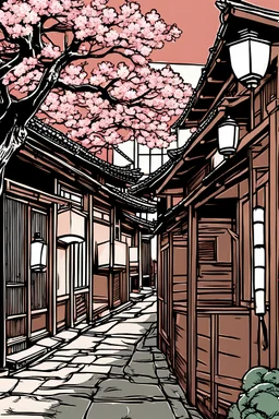 streetscape illustration showcasing an old corner and street . a narrow alleyway adorned with lanterns leads to a traditional Japanese wooden house with a cherry blossom tree in bloom,line drawing ,vived colors