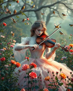 Gorgeous Photography Beautiful Princess playing violinist in Wild garden,flower,birds surrounding,fractal ornamentation, over detailed, gloriously full and confusing, nothing that really exists, everything made up, fantasy world, sweet briar, photography graphic art, song birds, ochre rose,rose buds, dewy morning, forest of oaks