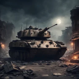 apocalyptic , atmospheric ancient Panzer Tank with luggage ruined city night