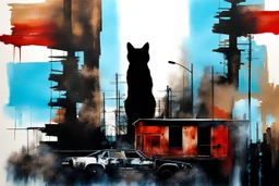 double exposure ink painting of urban decay with double exposure abstract ink painting of walking rusty scrappy red (mechanical:1.7) cat, pseudo photo-realism, negative space, liminal space, liminal vibe, amazing reflections, excellent parallels, great verticals, juxtaposition shock, wet print, ink leak, colors of light sky blue and beige and black, text on wall: "FEAR THE GEAR"