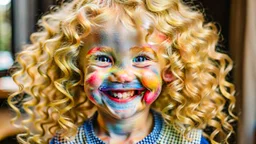 A cute little girl, curly blonde hair, the look on her smiling face.