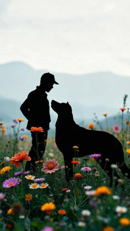 BLACK SILHOUETTE HUMAN FIGURE and DOG, multi layered, Photo Realistic WILD FLOWERS, vibrant colors, depth of field, 3d, 4k