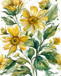 yellow , GREEN and gold flower van Gough water color on white background