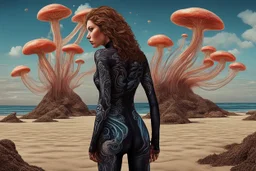 woman in a catsuit, standing on a beach of an alien world, watching mushrooms with jellyfish tentacles in the sky, photorealistic, Deep Colour, Fantastical, Intricate Detail, sunshine