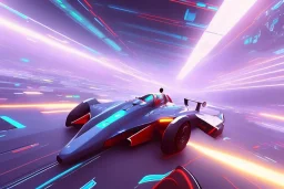 Futuristic formula spacecraft, racing fast on track circuit, cyberpunk style, fog