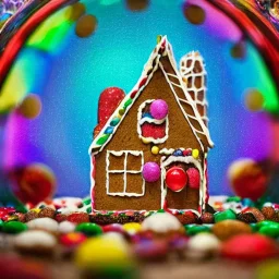 an intricate gingerbread house with vibrant candy and rainbow sprinkles under a glass dome on a darkwood table, 8k resolution, centered, high-quality, ultrafine-detail, digital art, flickering light, volumetric lighting, illustration, 3D octane render, brian froud, howard lyon, ben goossens, George Grie