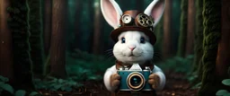 High-end hyperrealism epic cute fluffy rabbit hero holding a steampunk DSLR Camera, Steampunk-inspired cinematic photography, symmetry forest alley background, Aesthetic combination of metallic sage green and titanium blue, Vintage style with brown pure leather accents, Art Nouveau visuals with Octane Render 3D tech, Ultra-High-Definition (UHD) cinematic character rendering, Detailed close-ups capturing intricate beauty, Aim for hyper-detailed 8K