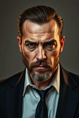 portrait of a 40 year old Handsome, smart gang boss with lightly tanned skin. medium length brown hair slicked back and a goatee beard. mean looking. wearing a dark suit. photorealistic