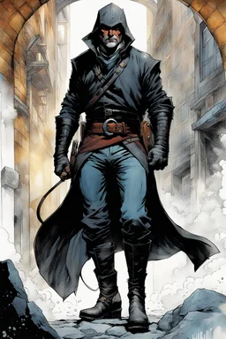 Create a fine art print , full body illustration of an epic fantasy Lankhmar thief The Grey Mouser , with finely lined and detailed facial features, in mouseskin breeches , a long belted sash at the waist, ,battered riding boots, , in the comic book style of Bill Sienkiewicz, Howard Chaykin, Mike Mignola, Philippe Druillet, and Jean Giraud Moebius, precisely drawn, colored and inked