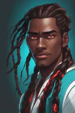 darker skinned man with Long braided brown hair, vibrant red eyes, cyan highlights in hair, animated style