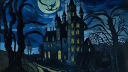 A blackish blue dark shadow castle in a nightmare realm painted by Vincent van Gogh