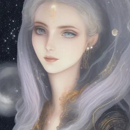 cosmic mage, elf, female, cosmic magic, long ears, white hair, face details, pale skin, jewellery, broad shoulders, sharp ears, cosmic clothes, cosmic eyes, ears shown, the cosmos in eyes, shining eyes, thin face, detailed ears, magical eyes, closed mouth, make up, smiling face, happy face, pointy ears