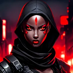 female black assassin with glowing red eyes shaved head post-apocalyptic background, anime style
