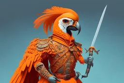 half parrot half human in a orange Dutch uniform with a katana having a sword fight against a skeleton