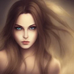 draw woman with Light-brown long hair, dark fantasy setting, ethereal, soft lighting, soft green eyes, medium cheeks, big forehead, wide chin, small nose, Portrait of mutant,sexy, perfect composition, detailed eyes