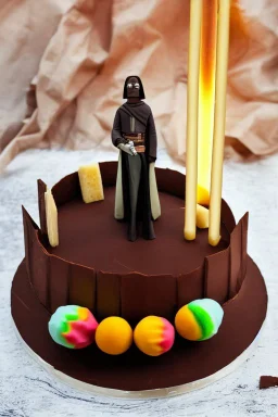 sponge cake filled with chocolate topped with a marzipan Jedi holding a lightsaber