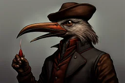 arafed bird wearing a hat and jacket with a long beak, from witcher (2021), portrait photoreal, taking tobacco snuff, trending on artstatio, from the game pathologic 2, 2 0 1 4. modern attire, thomas