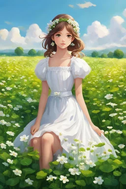 a girl in a white dress sitting in a field of clovers, portrait of girl in flower field, girl sitting in a flower field, girl standing in flower field, realistic cute girl painting, girl frontal in a flower field, in a grassy field, sitting in a field of flowers, cute anime girl portrait, portrait anime girl, girl standing in a flower field