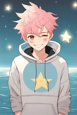A an androgynous young man with tousled pink hair and golden eyes floating among the stars wearing a light blue hoodie and black board shorts. He is smiling softly and holding a star in one hand.