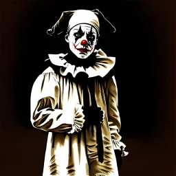 A Pierrot (the sad clown), with a heavily painted white face, wearing a loose, white tunic with three large black buttons, an oversized black accented ruffled collar, and long sleeves, a tight black dunce hat on his head, french mime, his expression is sad, lonely, and embodies artistic sentiment, the foreground and background slowly and subtly in a liminal space seem to merge, the clown as an elevated art form, modern art, conceptual performance art, storybook like illuatration, Beardsley, very