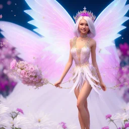 cute fantasy fairy with luminous wings, smiling, make up, long platinum blond hair with crown and flowers, pink dress, unreal engine