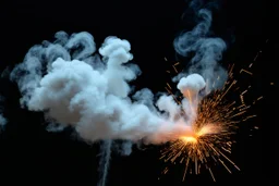 dark background. billowing white smoke (front, spiraling from bottom right side and across), lighting bolt (back, middle from left to right), circle of orange metal sparks(bottom right, expanding outward) energetic