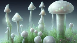 tall narrow delicate detailed mushrooms, with umbrella caps, phosphorescence glowing in the night