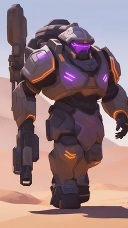 A close picture to Ramattra nemesis form as tank body with Arab rob in overwatch art style with black color and neon purple details in Desert