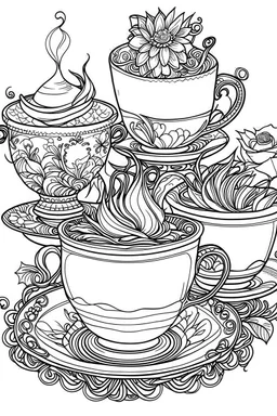 Outline art for coloring page, AVANT GARDE DRAWING TEACUP SET ON A TABLE, coloring page, white background, Sketch style, only use outline, clean line art, white background, no shadows, no shading, no color, clear