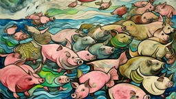 abstract painting, many pigs with wings flying in the air over the sea, bizarre, surreal, art brut, outsider art, a muted colors photo, pexels contest winner, 1940s, high quality photo,