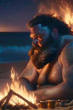 photography of a sicilian baywatcher burly sweat chubby 44 years old , swimwear, manly chest ,tattoo, curly hairs, long beard, relaxing on a beach at midnight , illuminated by bonfire, photorealistic, 8k, Canon EOS, 35mm lens, , unreal engine, greg rutkowski, loish, rhads, beeple, makoto shinkai and lois van baarle, ilya kuvshinov, rossdraws, tom bagshaw, alphonse mucha, global illumination, detailed and intricate environment