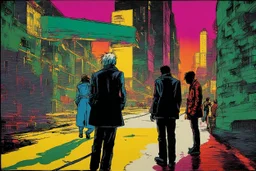 classic painting of a cyberpunk colourful walkway with two people making an exchange in the city with pollution by andy warhol
