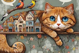 An orange cat with blue eyes, adorned with intricate patterns and stylized buildings paints, hangs precariously from a floral-patterned board, against a mottled gray-green background. It looks directly at the viewer while a speech bubble above its head states "Good Morning". Three stylized birds in various colors and patterns stand on the branch and board above and below the cat, whimsical, expressionist painting, diswashed, Aging effects, Ogata Kōrin style.