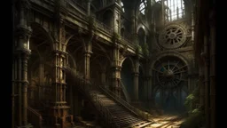 A vast factory-cathedral of rusted iron waits in the distance. Amidst the cogs, gears, and pulleys, stairs lead down to catacombs. A grave waits in the centre of the chapel. Structure