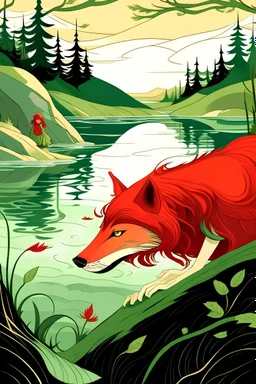 imagen del cuento de caperucita roja cuando ella se asoma al río, con el lobo undiéndose